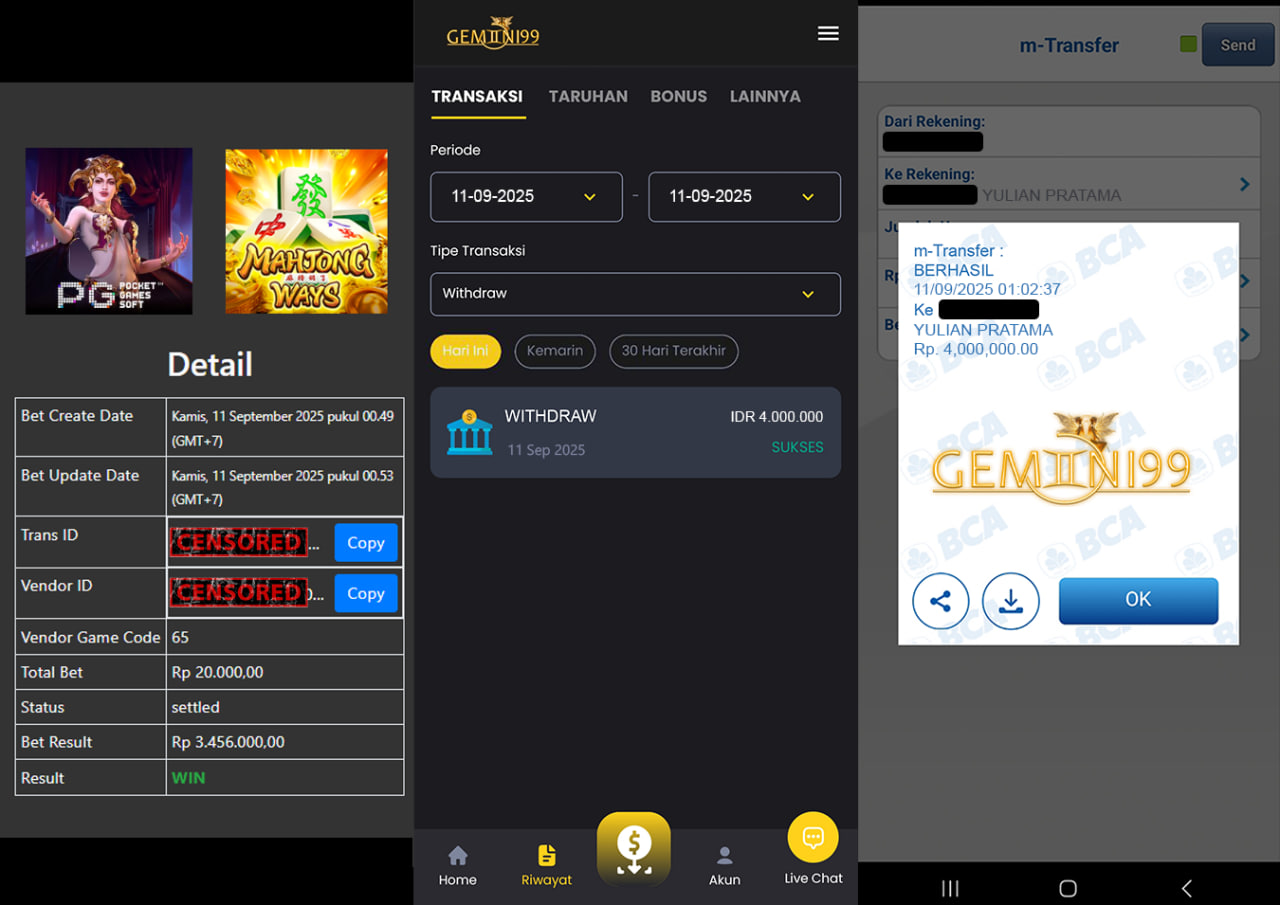 GEMINI99 BUKTI WITHDRAW (MAHJONG WYS 2) DIBAYAR LUNAS