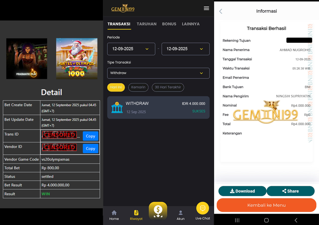 GEMINI99 BUKTI WITHDRAW (ATES OFF OLYMPUS 1000) DIBAYAR LUNAS