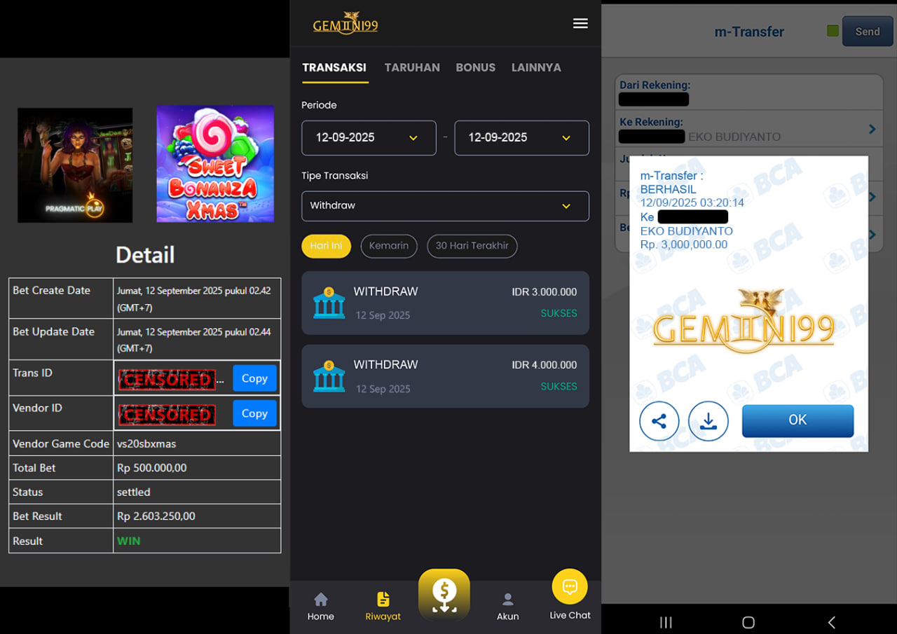 GEMINI99 BUKTI WITHDRAW (SWEET BONANZA XMAS) DIBAYAR LUNAS