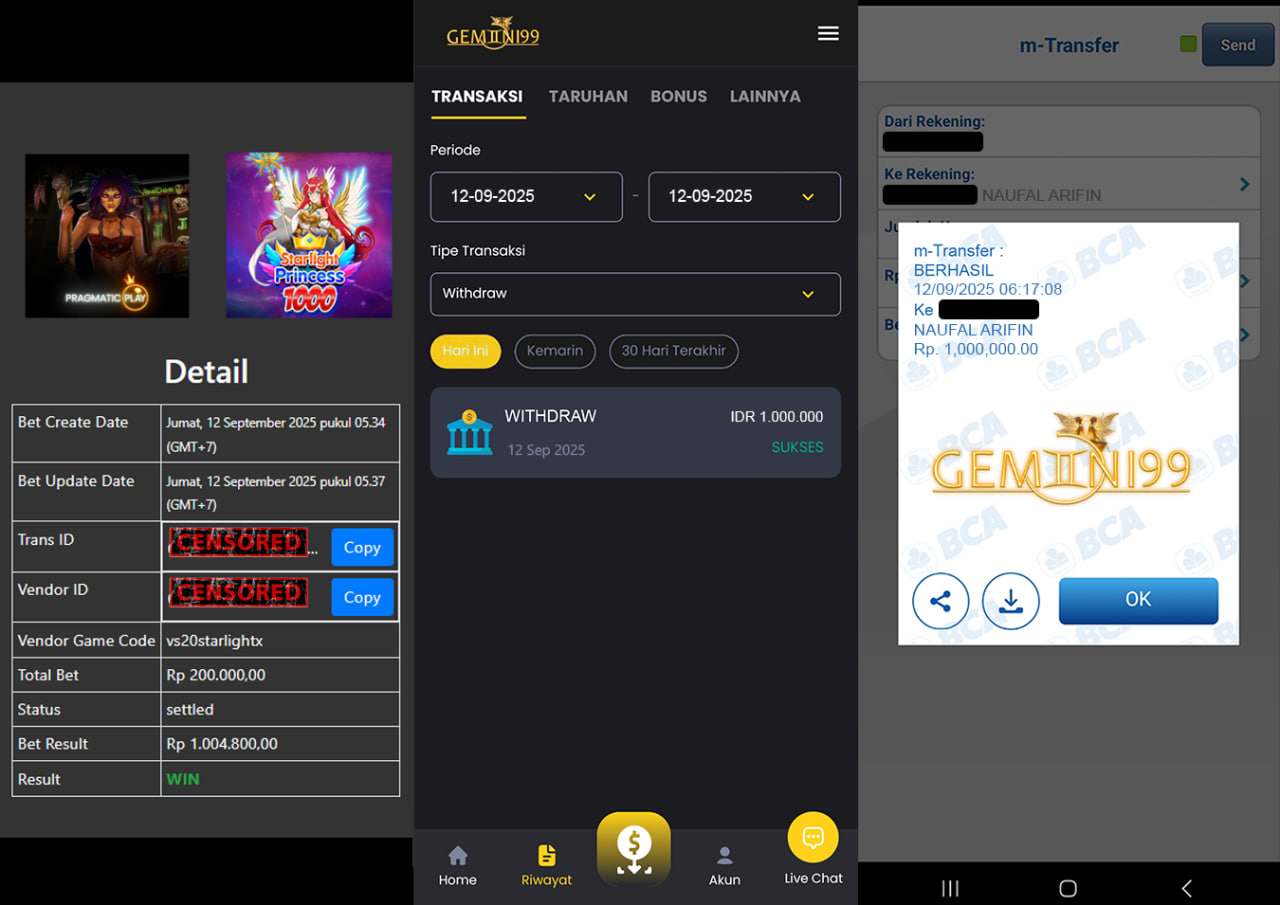 GEMINI99 BUKTI WITHDRAW (STARLIGHT PRINCES 1000) DIBAYAR LUNAS