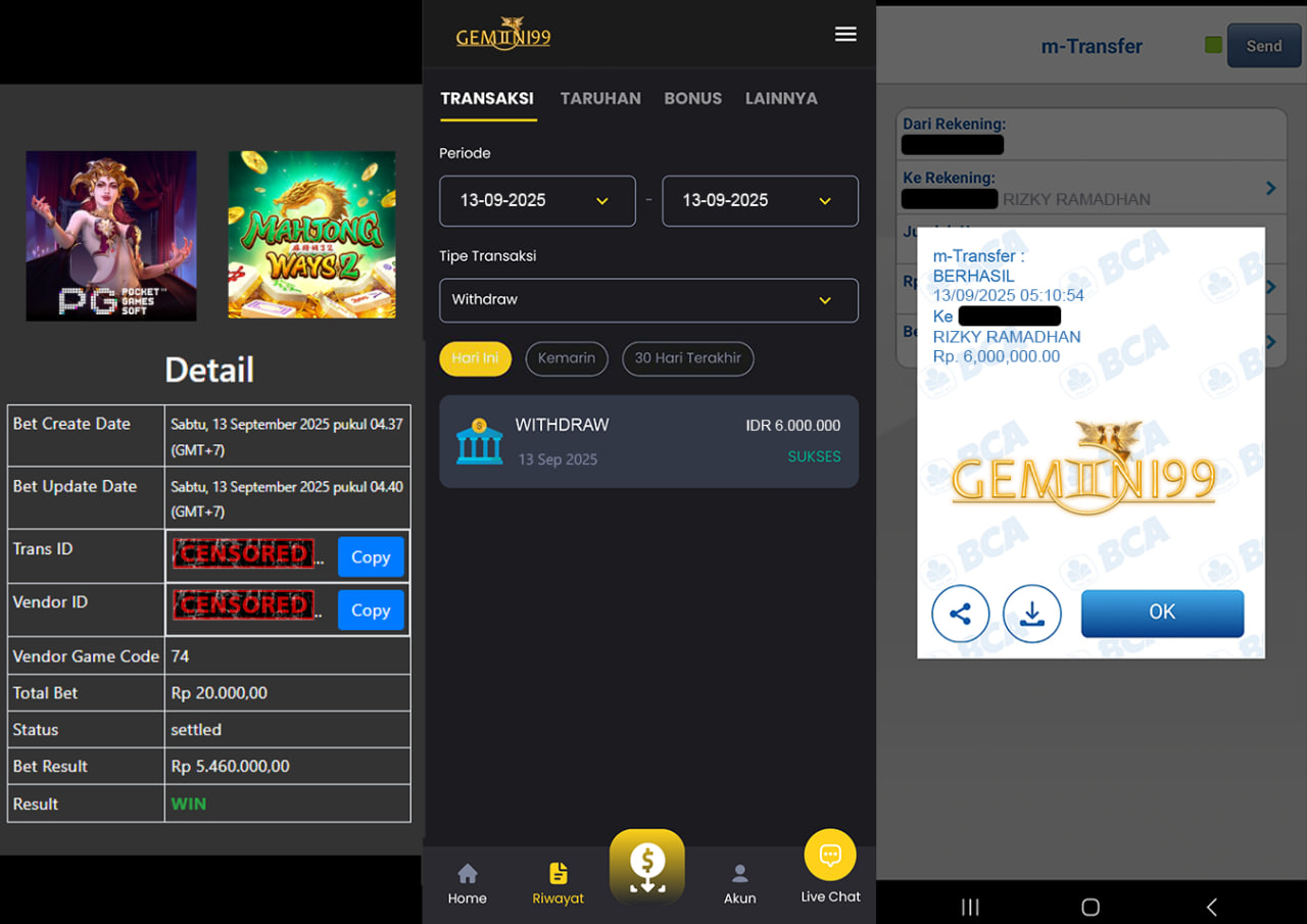 GEMINI99 BUKTI WITHDRAW (MAHJING WYS 2) DIBAYAR LUNAS