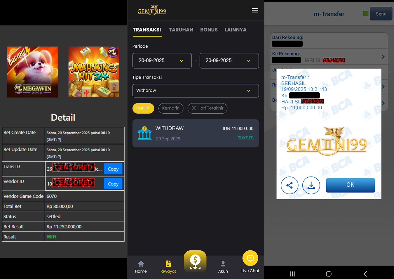 GEMINI99 BUKTI WITHDRAW (MAHJONG HIT 2+) DIBAYAR LUNAS
