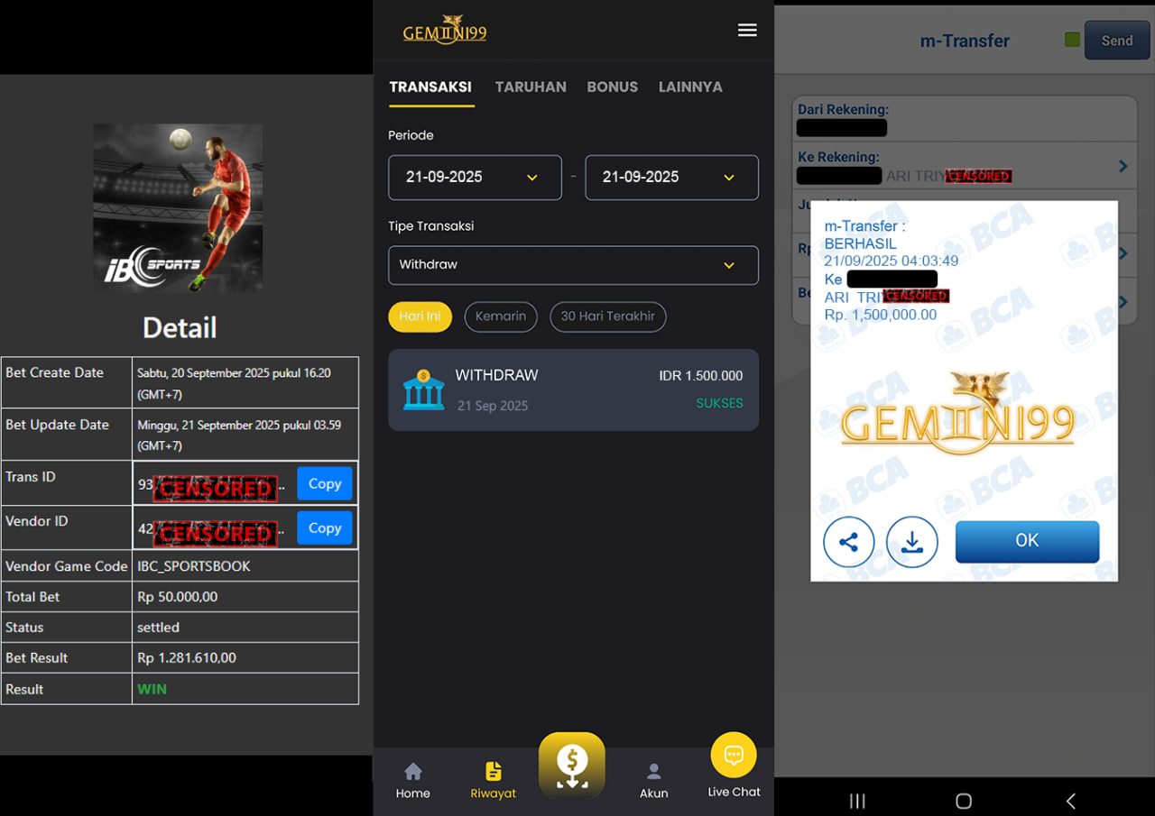 GEMINI99 BUKTI WITHDRAW (IB SPORTS) DIBAYAR LUNAS