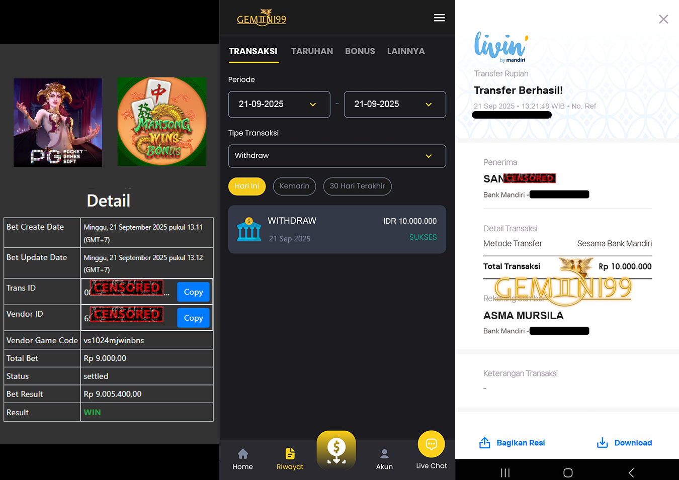 GEMINI99 BUKTI WITHDRAW (MAHJONG WINS) DIBAYAR LUNAS