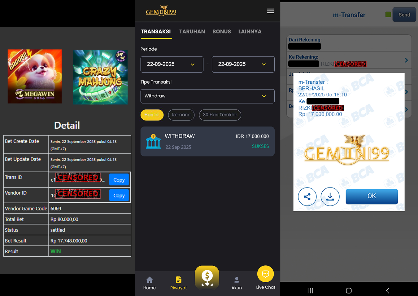 GEMINI99 BUKTI WITHDRAW (CRAZY MAHJONG) DIBAYAR LUNAS