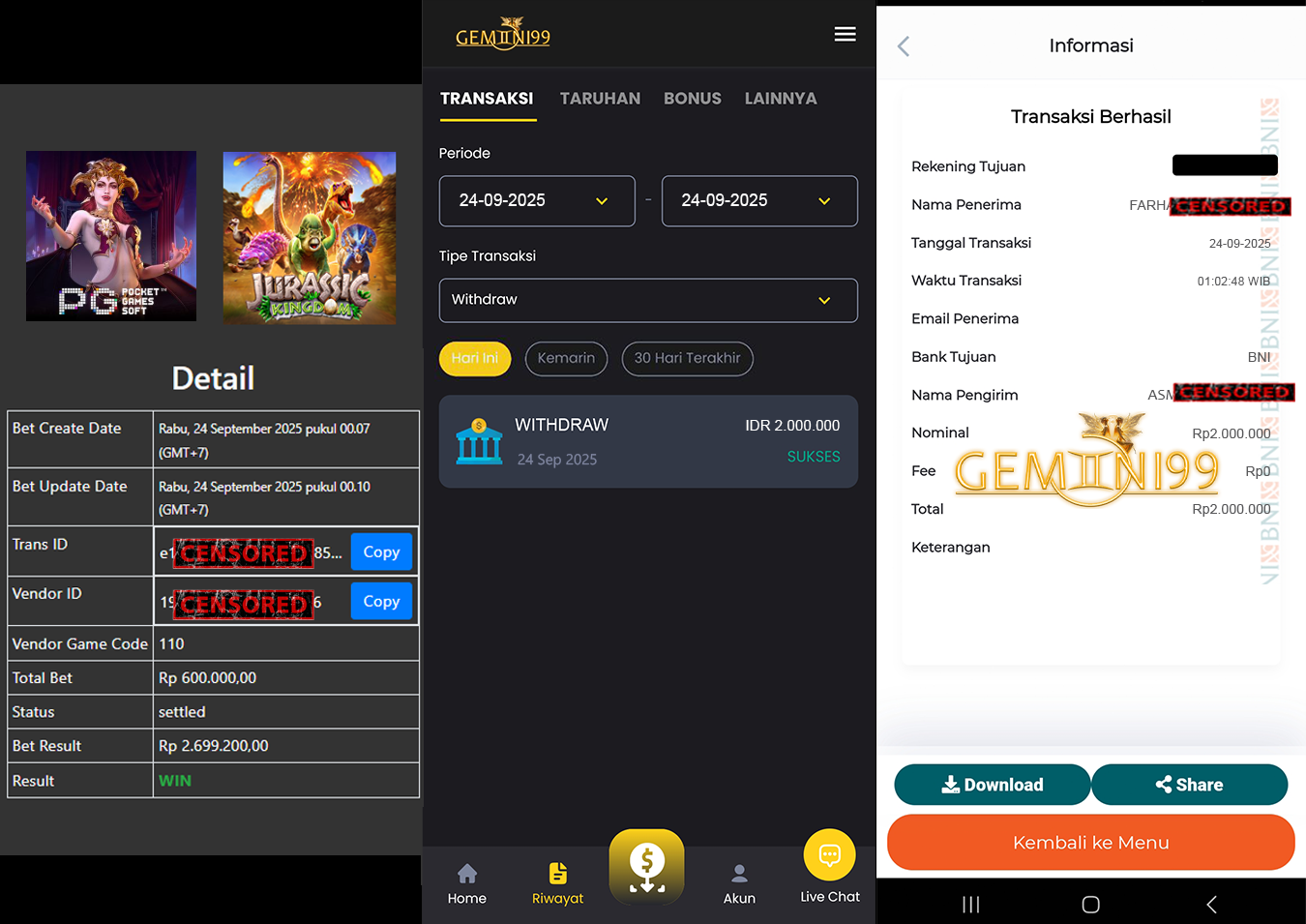 GEMINI99 BUKTI WITHDRAW (JURASSIC KINGDOM) DIBAYAR LUNAS
