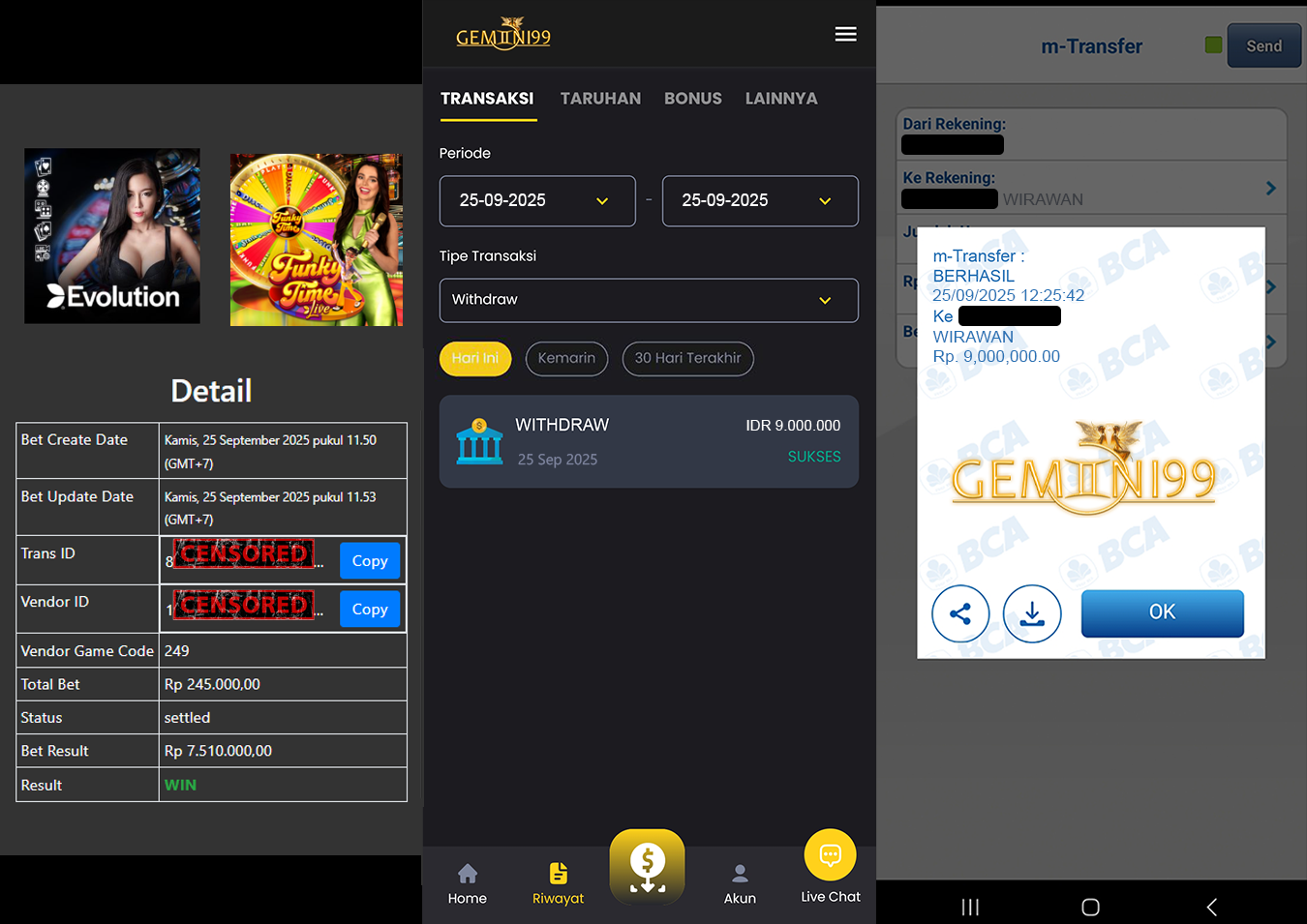GEMINI99 BUKTI WITHDRAW (FUNKY TIME) DIBAYAR LUNAS