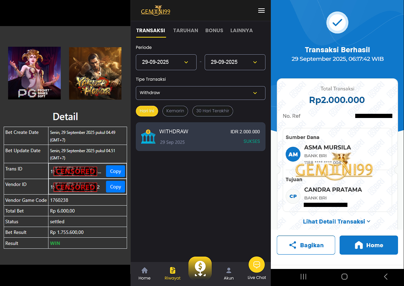 GEMINI99 BUKTI WITHDRAW (YAKUZA HONOR) DIBAYAR LUNAS