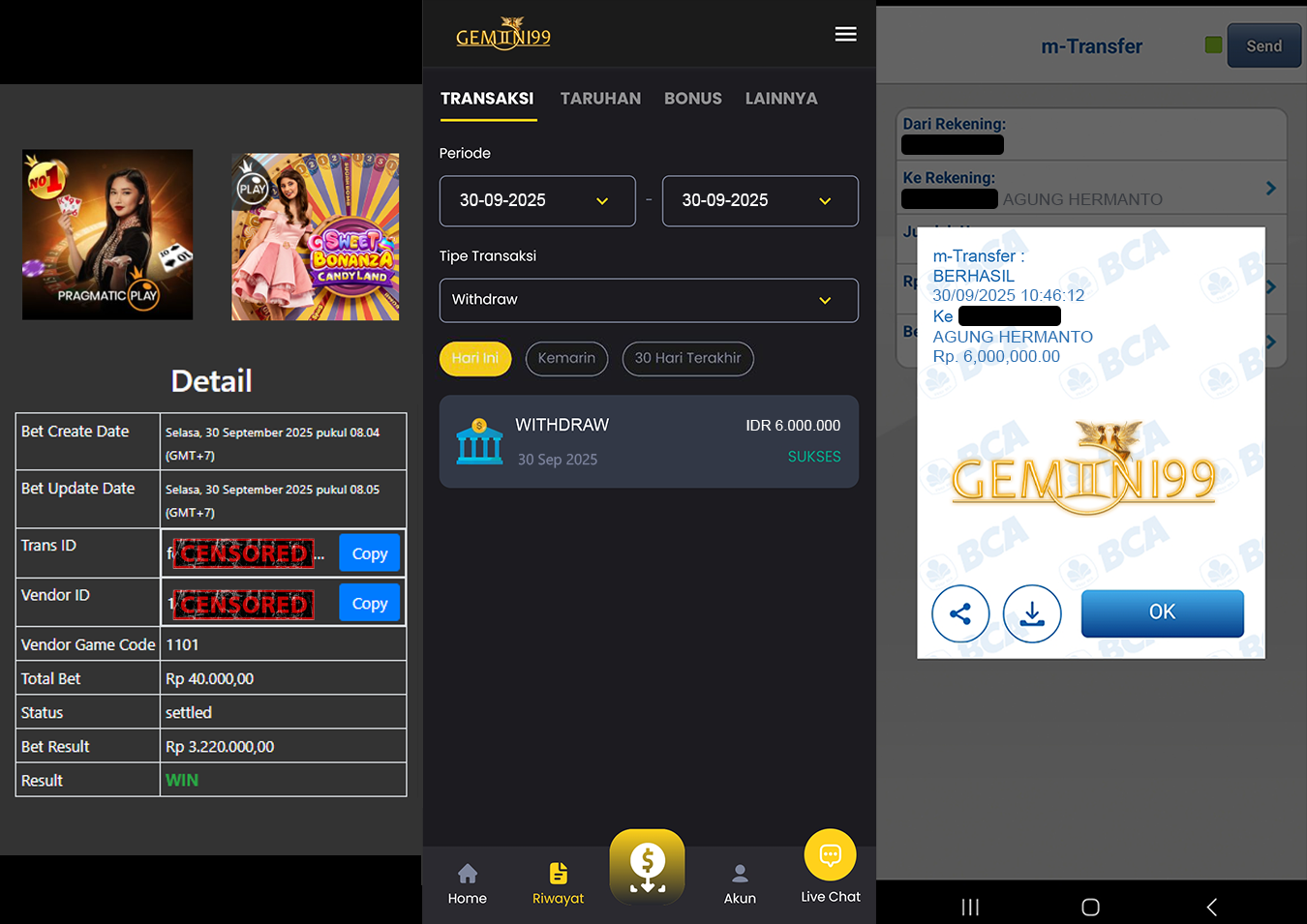 GEMINI99 BUKTI WITHDRAW (SWEET BONANZA) DIBAYAR LUNAS