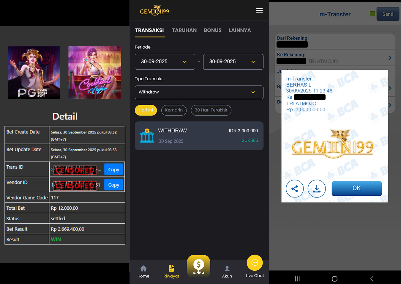 GEMINI99 BUKTI WITHDRAW (COCKTAIL NIGHLS) DIBAYAR LUNAS