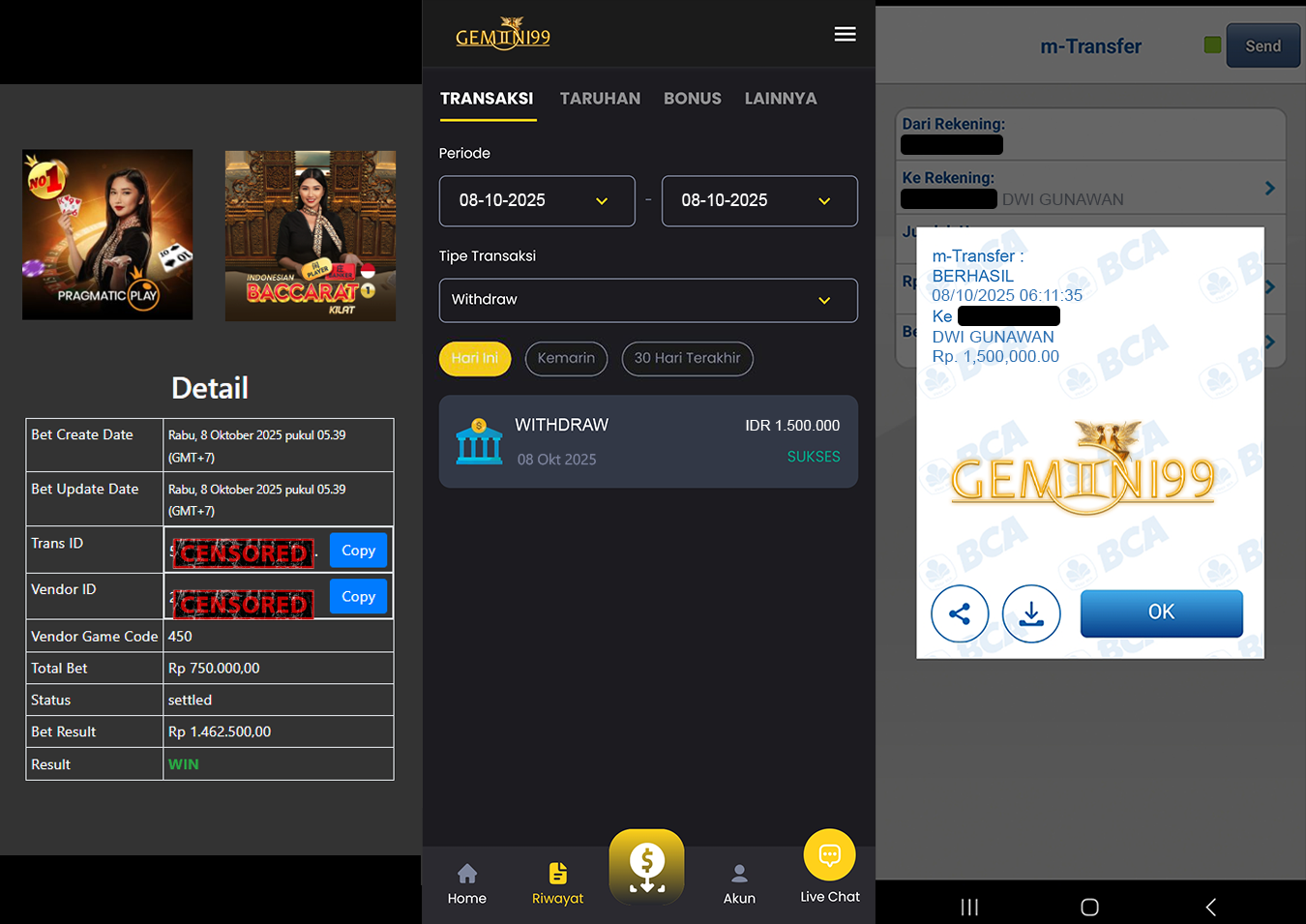 GEMINI99 BUKTI WITHDRAW (BACCARAT) DIBAYAR LUNAS