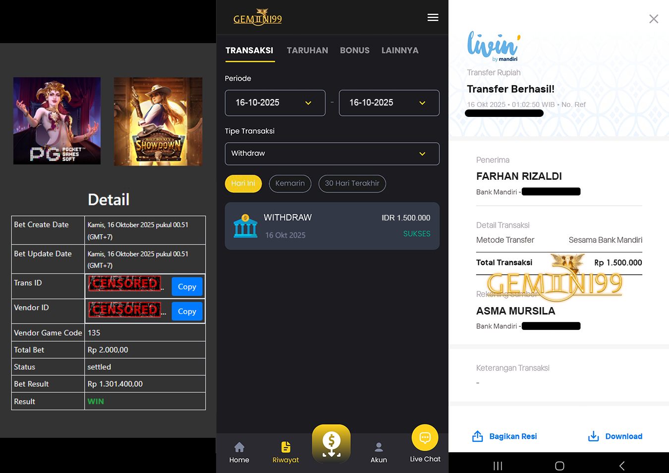 GEMINI99 BUKTI WITHDRAW (WILD BOUNTY SOWDOWN) DIBAYAR LUNAS