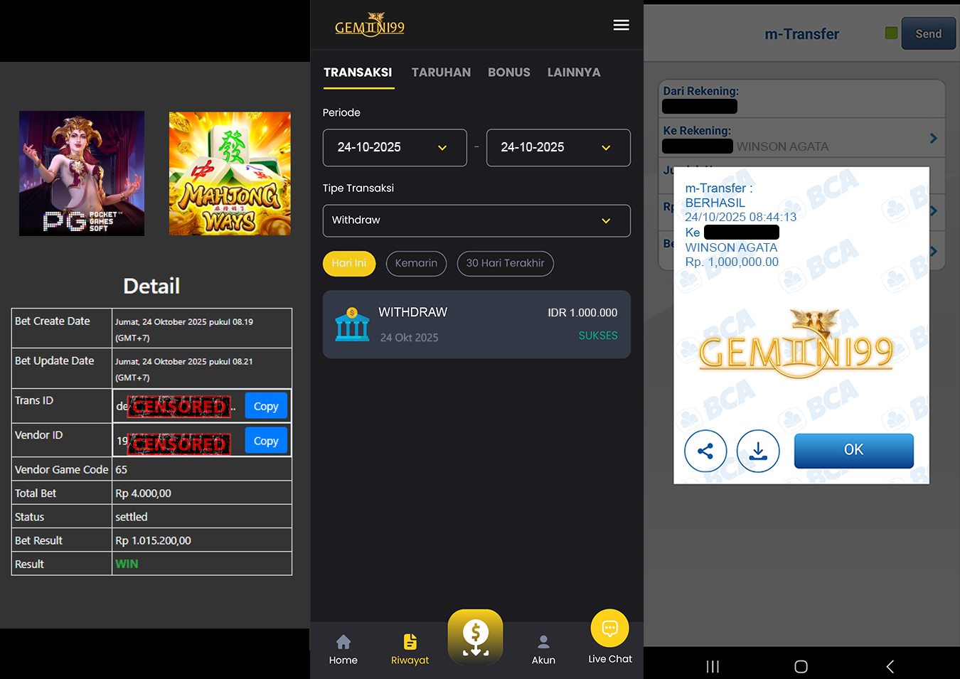 GEMINI99 BUKTI WITHDRAW (MAHYONG WYS) DIBAYAR LUNAS