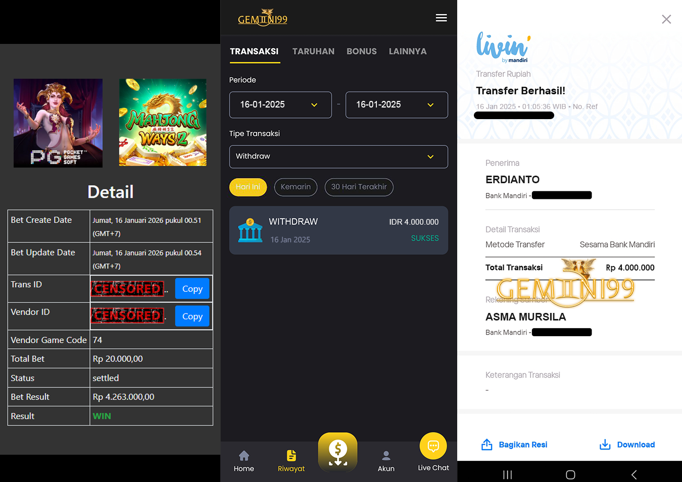 GEMINI99 BUKTI WITHDRAW (MAHJONG WAYS 2) DIBAYAR LUNAS